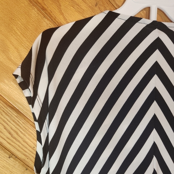 Worthington small stretch cinched waist black and white striped v neck blouse - Picture 9 of 12